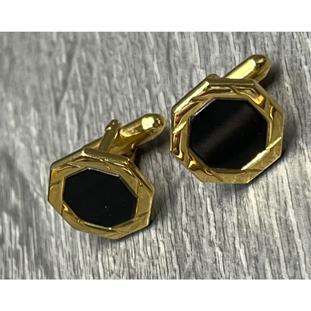 Gold Tone Black Enamel Octagon‎ Cufflinks Mens Dress Shirt Jewelry Classic